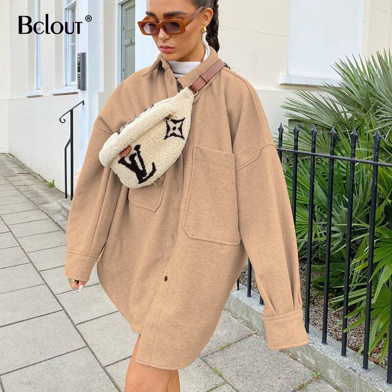 Bclout woollen Cloth 긴 소매 코트 여성 가을 겨울 브라운 턴 다운 칼라 코트 자켓 셔츠 여성용 포켓 여성용 탑스