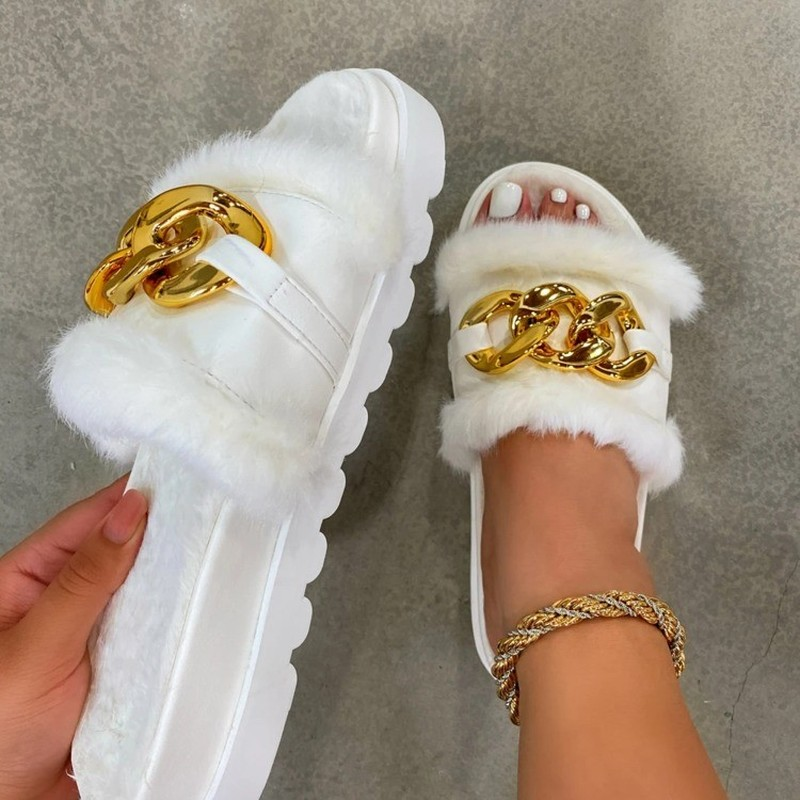 Zapatillas de felpa con punta abierta para mujer, sandalias de Color sólido con cadena de Metal, zapatos informales para exteriores, moda de invierno, 2021