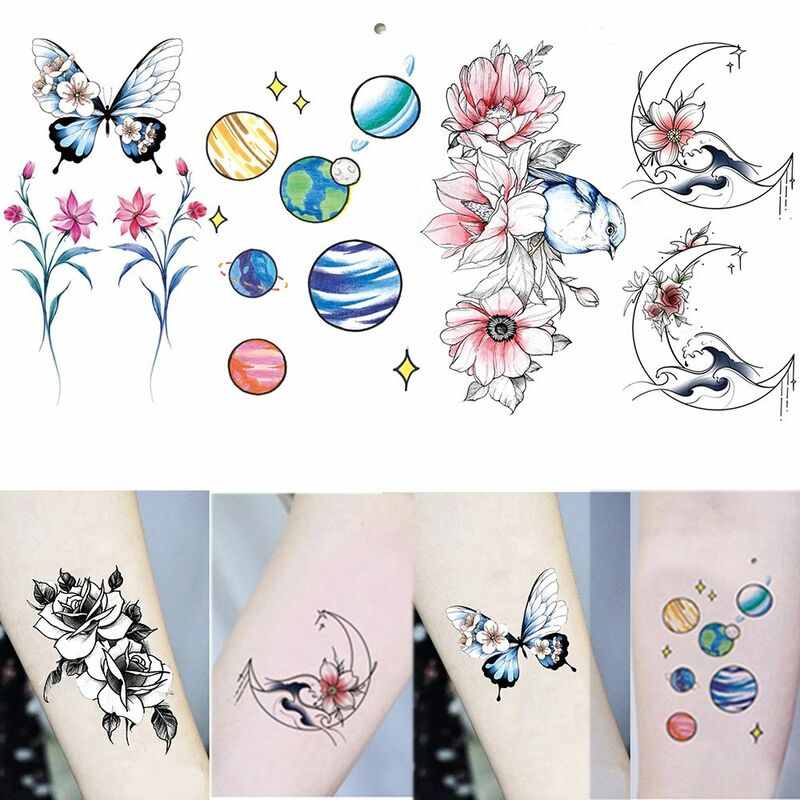 패션 방수 문신 스티커, 장미 나비 아트 패턴 대체 바디 스티커, 빨 가능한 가짜 문신 임시 효과