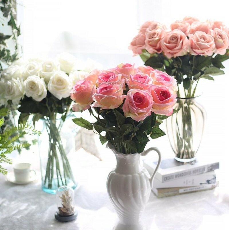Ramo de flores rosas artificiales de rama larga, flores falsas de franela de simulación, decoración de fiesta de boda y hogar para el Día de San Valentín, 10 Uds.
