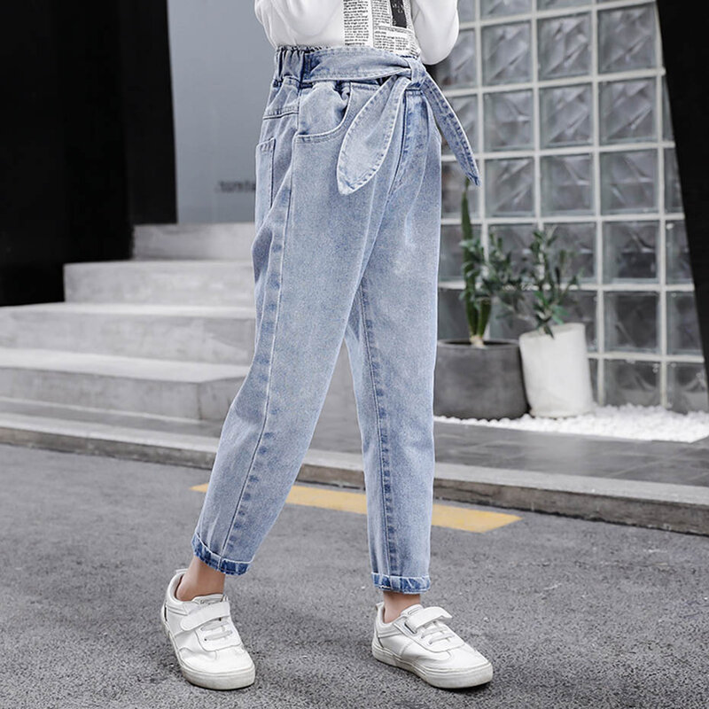 2020 Spring Kids Jeans Girl Solid Jeans For Girls Fashion Bow Girls Jeans Pants Autumn Casual Girls Clothes 6 8 10 12 14 Year