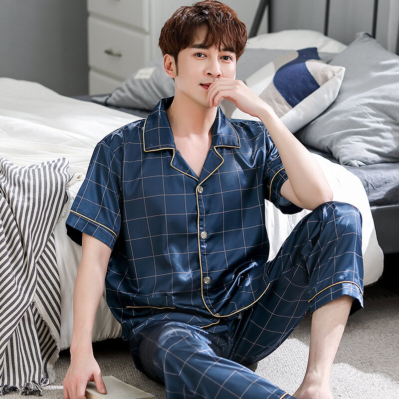 Brand Spring Summer Sleepwear 2 Piece Sets For Men Silk Satin Pajamas Turn-down Collar Homewear Big Yards Pijama Pyjama L-XXXL