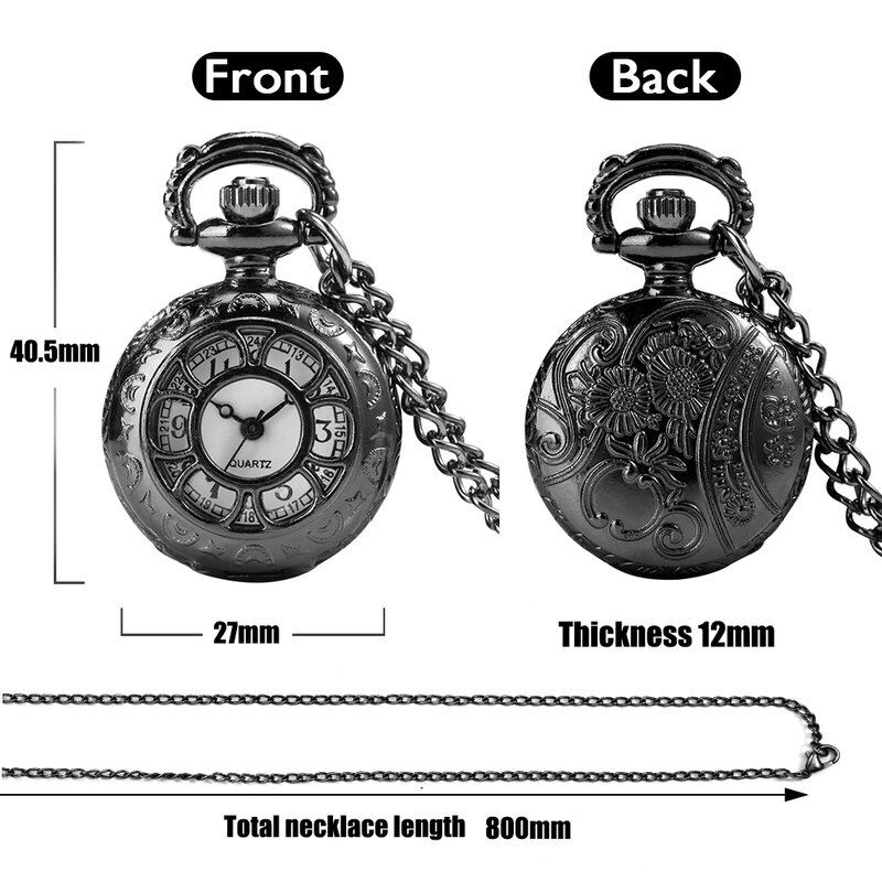 Изысканные черные карманные часы с полым цветочным ожерельем для мужчин женщин детей маленькие милые карманные часы с подвесками