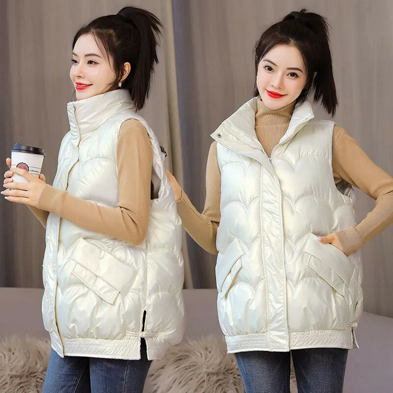 Roupas de algodão colete feminino primavera outono grosso cor sólida gola com zíper bolso casaco curto simples commuter jaqueta feminina