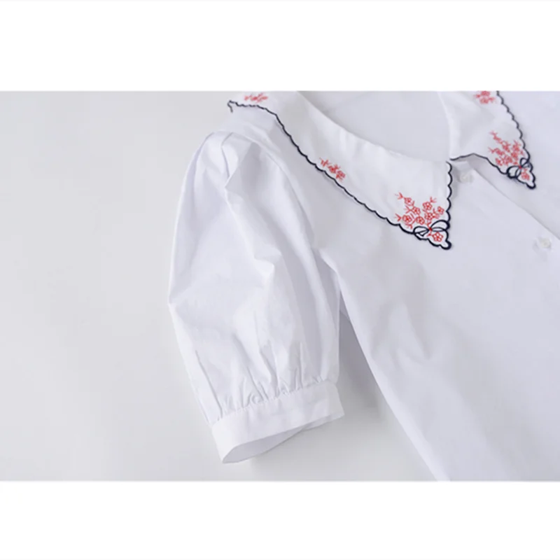 Spring Summer New Embroidery Chiffon Shirt Women Lapel Puff Sleeve Buttons Vintage Blouses Cotton White Plus Size Clothes Female
