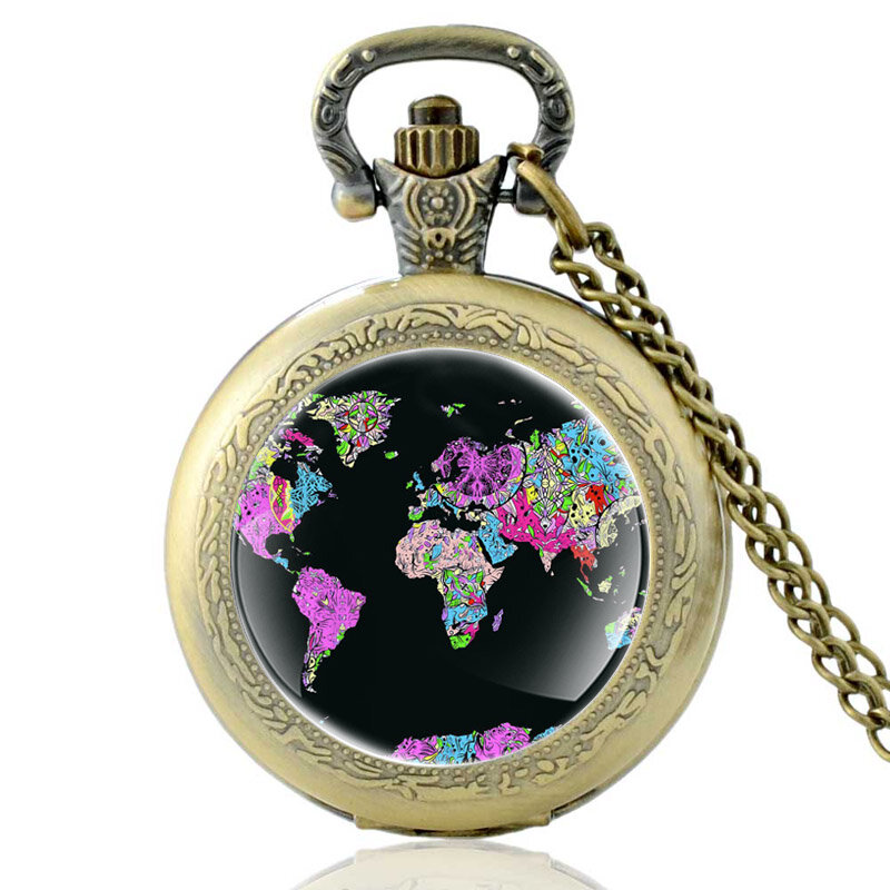 Классические винтажные кварцевые карманные часы с рисунком карты мира для мужчин и женщин, часы со стеклянным куполом, аксессуары для часов, подарки
