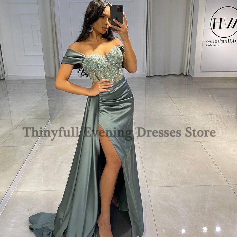 Thinyfull Sexy Prom Abendkleider Lange Weg Von der Schulter Party Kleid 2021 Appliques Hohe Split Cocktail Kleid Saudi-arabien Dubai