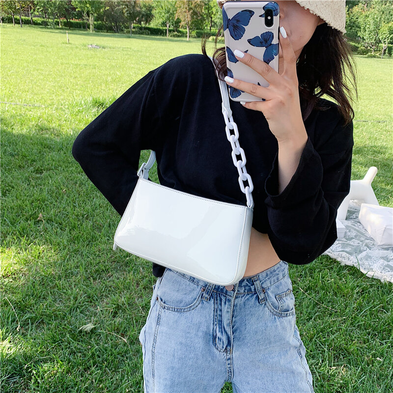 Patent leather Small Armpit Bag For Women 2020 Luxury Simple Chain Design Shoulder Handbags Female Travel Hand Bag