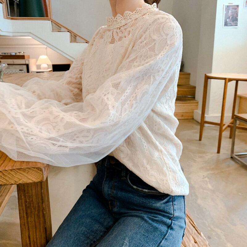 Blusas femininas elegantes de renda floral brim vazado blusas de manga comprida bufante camisa blusa feminina camisa tops branco