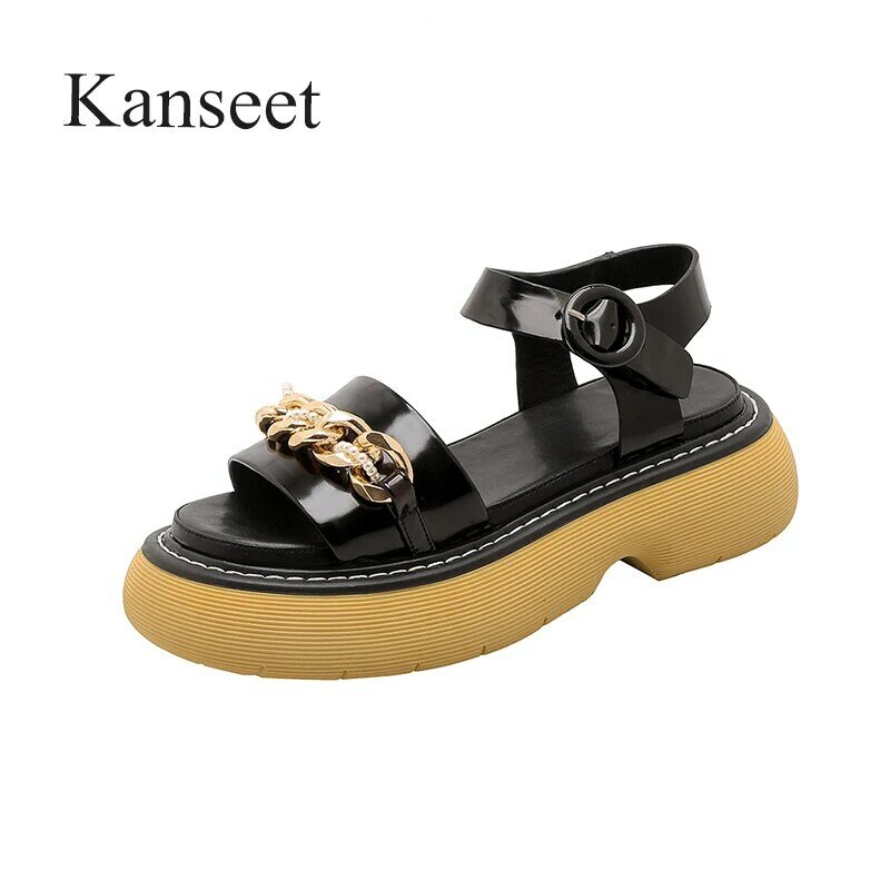 Kanseet Flats Sandals Women 2021 New Summer Fashion Chain Pearl Decoration Platform Open-Toed Buckle Genuine Leather Women Shoes