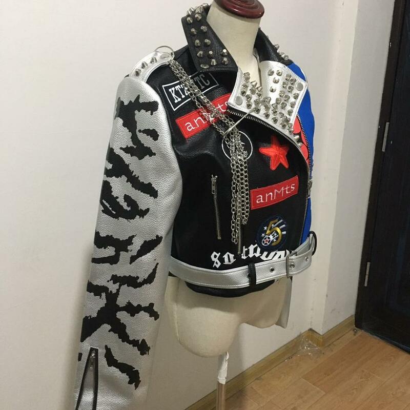 女性のためのファッショナブルな合成皮革のジャケット,金属チェーン付きのPuラインのストリートウェアジャケット,グラフィティアウター,wq1112