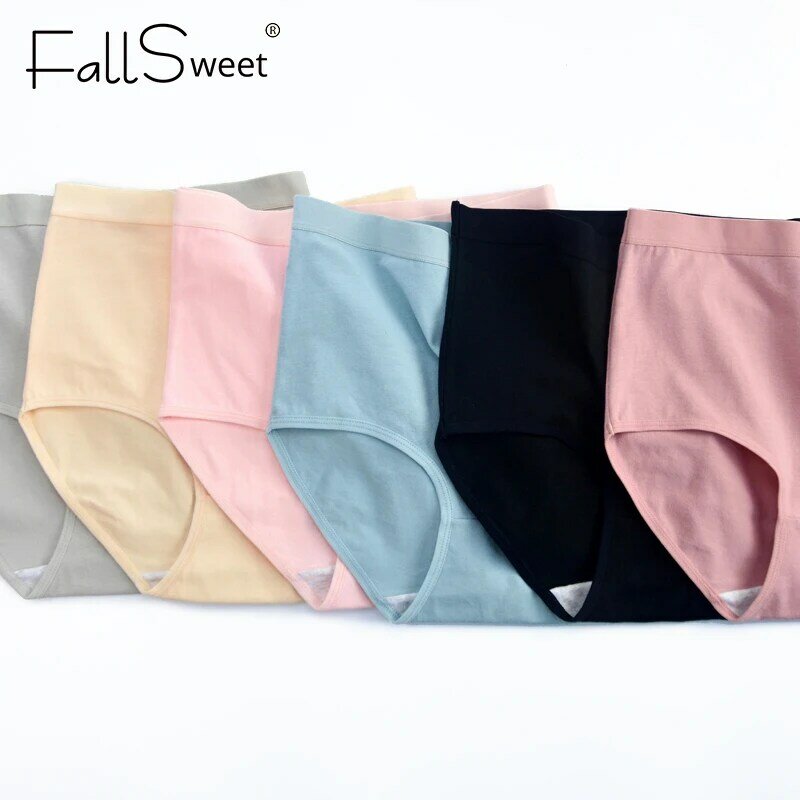 Fallsweet ชุดชั้นในผ้าฝ้าย2ชิ้น/ล็อตกางเกงในเอวสูงของผู้หญิงกางเกงในสีพื้นใส่สบายขนาดพิเศษชุดชั้นใน M-XXXL