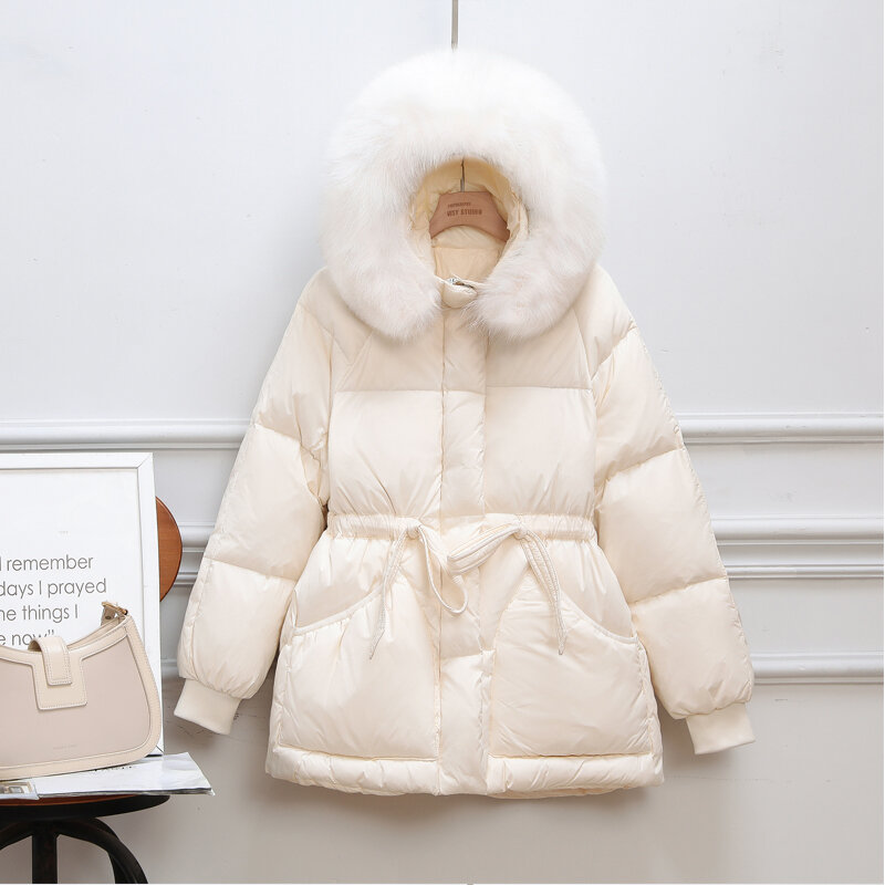 Casacos grossos 90% para inverno feminino, jaquetas de pato branco slim fashion com gola grande de pele de raposa, casacos curtos e longos