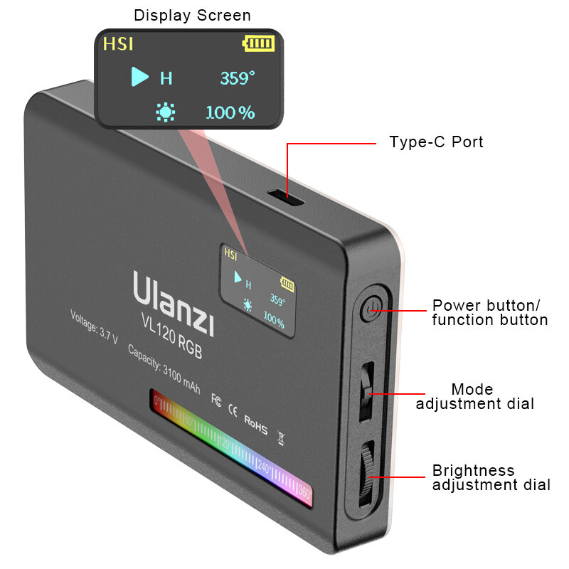 Ulanzi-Full Color RGB Video Light, Iluminação LED Fotografia, Luz da câmera regulável, Live Video Fill Lamp, VL120, 2500K a 9000K