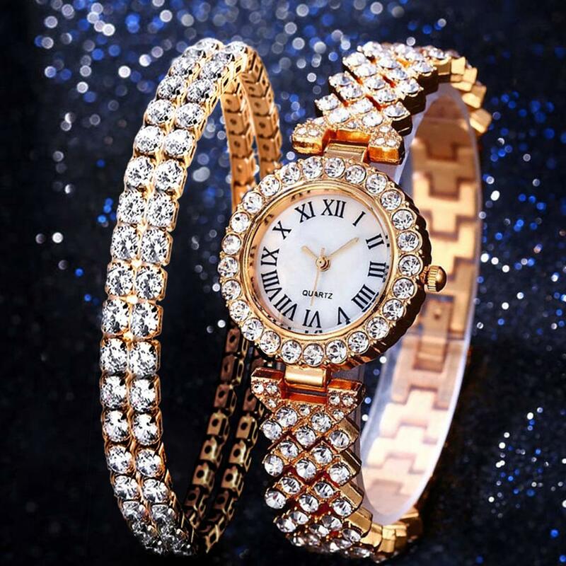 Часы женские кварцевые + браслет, Модный комплект из роскошных наручных часов со стразами, 2020