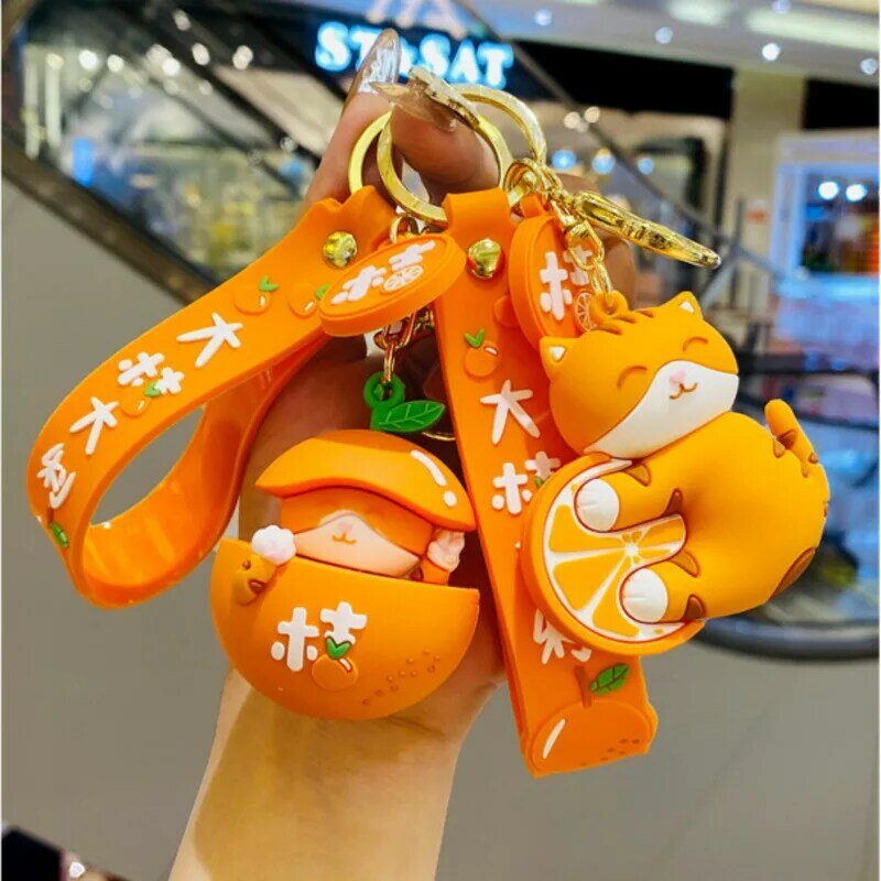 New Cartoon Orange Cat Keychain Cute Good Luck Bag Car Metal Keyring Soft PVC Lanyard Girl Boy Lover Gift
