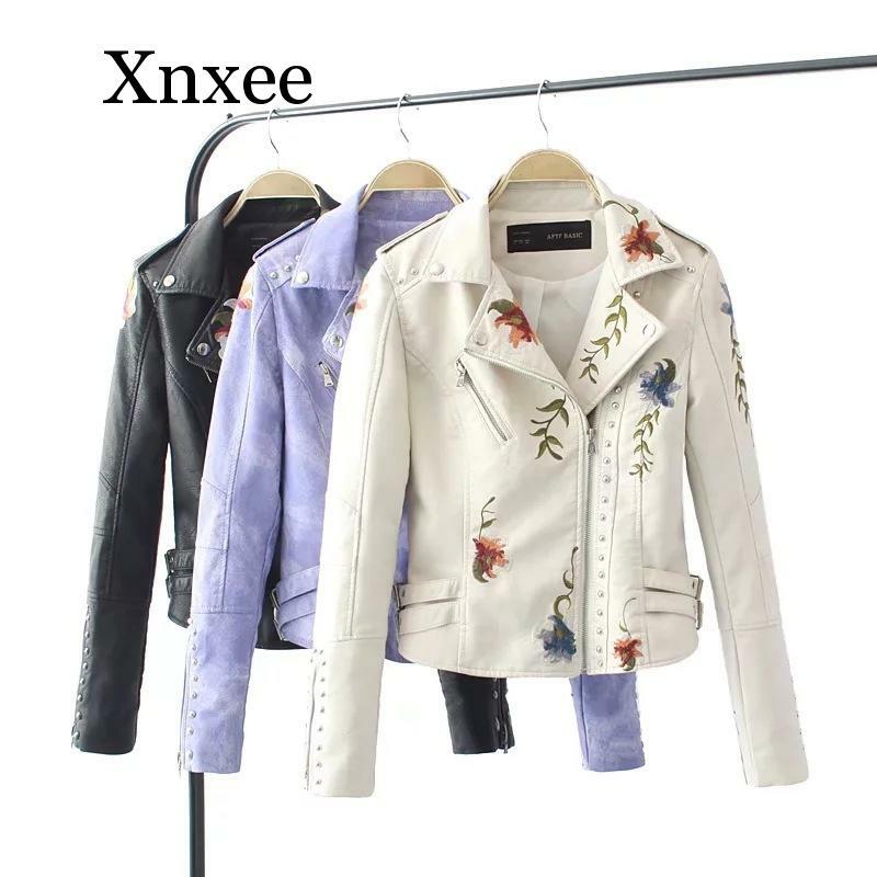 Embroidery faux leather PU Jacket Women Spring Autumn Fashion Motorcycle Jacket Black faux leather coats Outerwear Coat HOT