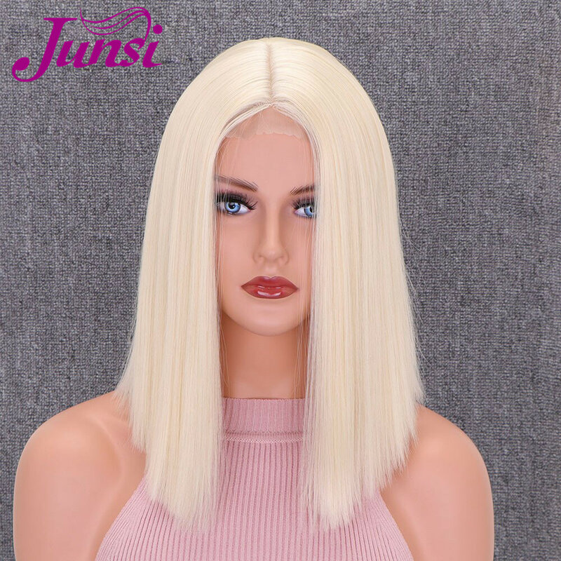 JUNSI-Peluca de cabello sintético para mujer, pelo corto recto Bob, color rubio, parte media, para Cosplay, uso diario