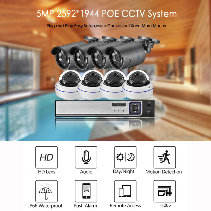 AZISHN H.265AI 48V POE 8CH Human Detection Face Record CCTV NVR Audio IP Camera System 5MP 2880*1616P Outdoor IP66 POE IP Kit