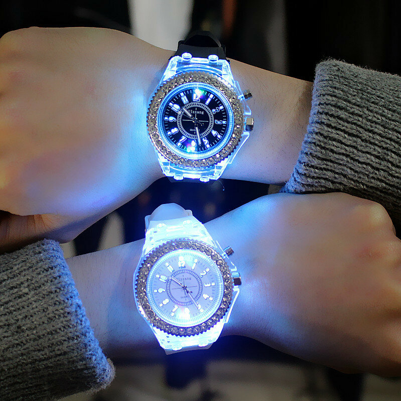 Lampa błyskowa led zegarki podświetlane trendy osobowości studenci miłośnicy galaretki kobieta zegarki męskie 7 kolor światła zegarek dla dzieci