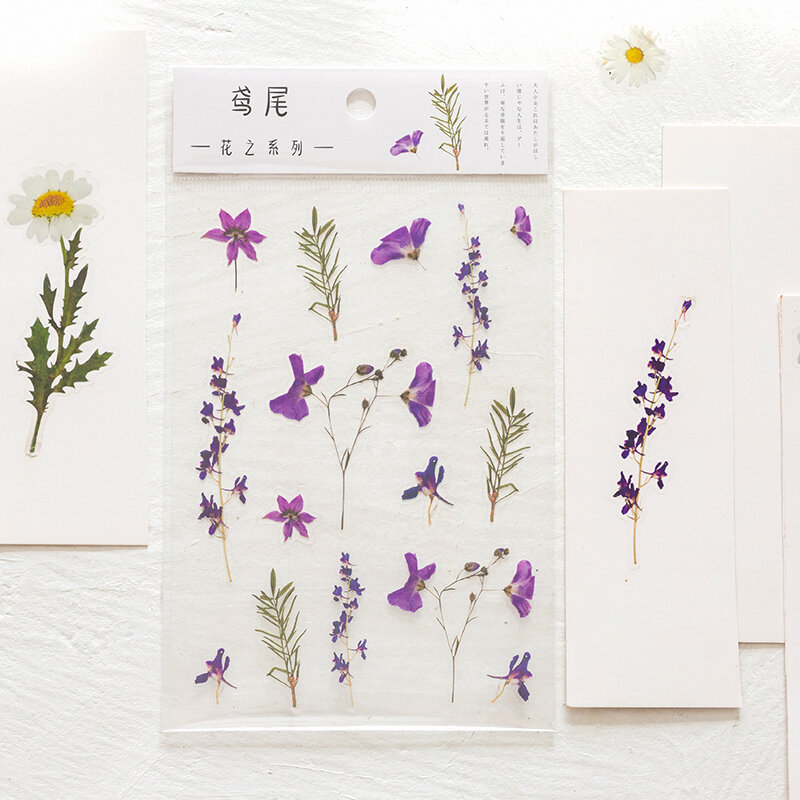 Journamm 12 Designs Natürliche Daisy Clover Japanischen Worte Aufkleber Transparente PET-Material Blumen Blätter Pflanzen Deco Aufkleber