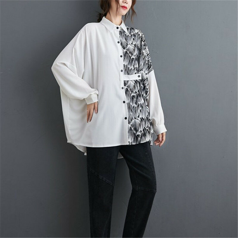 Женская блузка с длинными рукавами, свободная рубашка с воротником в стиле пэчворк, осень 2020