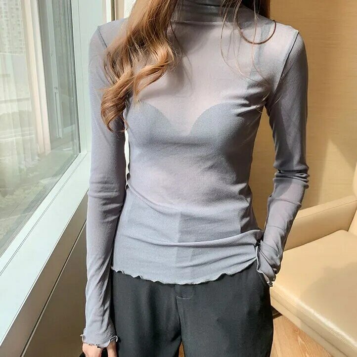 Size M-3XL Girls Mesh Blouses Shirts Tees Female Autumn Transparent Full Sleeve Turtleneck Thin Blouse Tops Undershirts Women