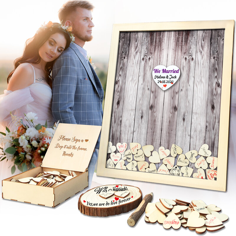 Livro de convidados para casamento em decoração rústica, personalizado, suave, 120 peças, pequenos corações de madeira