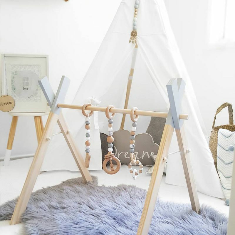 Prostota w stylu nordyckim drewniane dekoracje pokoju dziecięcego nowonarodzone dzieci Baby Fitness Rack Ring-Pull Toy