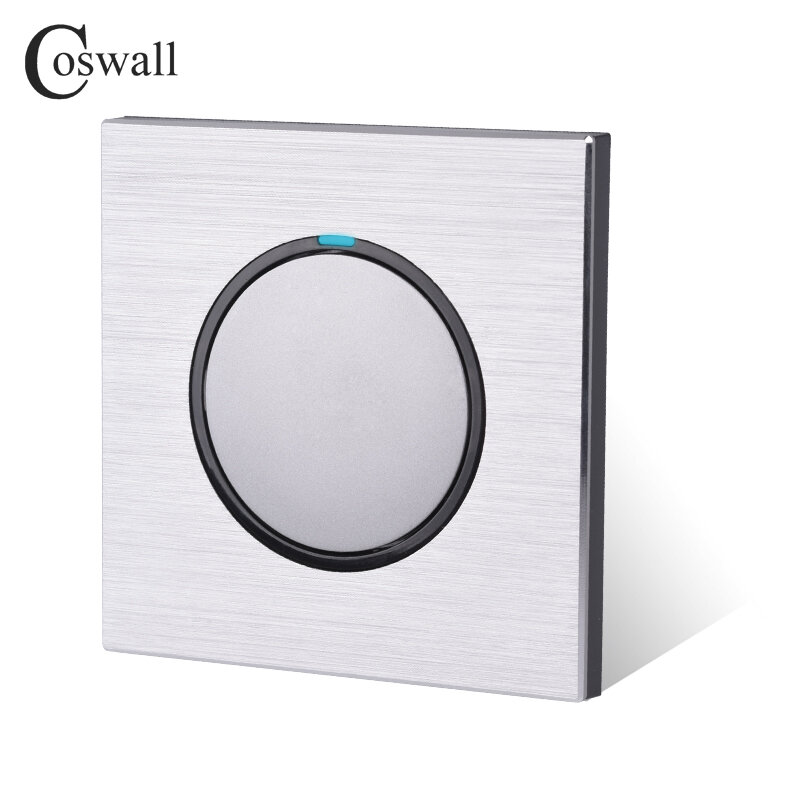 Coswall 1 Gang 1 Way Random Click On / Off Wall Light Switch With LED Indicator Black / Silver Grey Brushed Aluminum Metal Panel