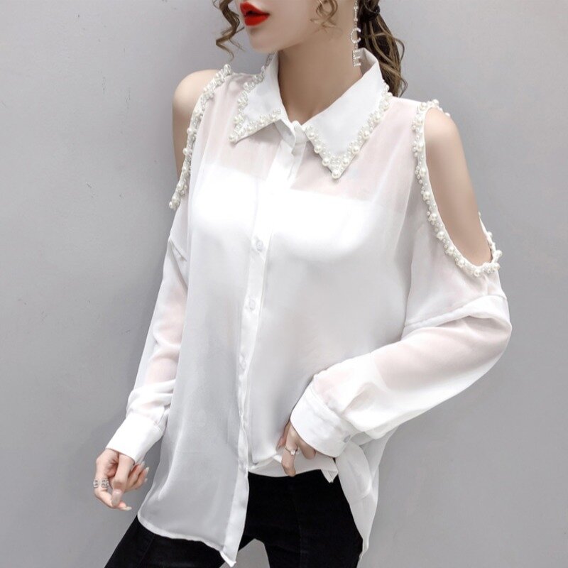 Blusa blanca de manga larga con botones para mujer, camisa Sexy con hombros descubiertos de gasa con cuentas, ropa informal para mujer 2020
