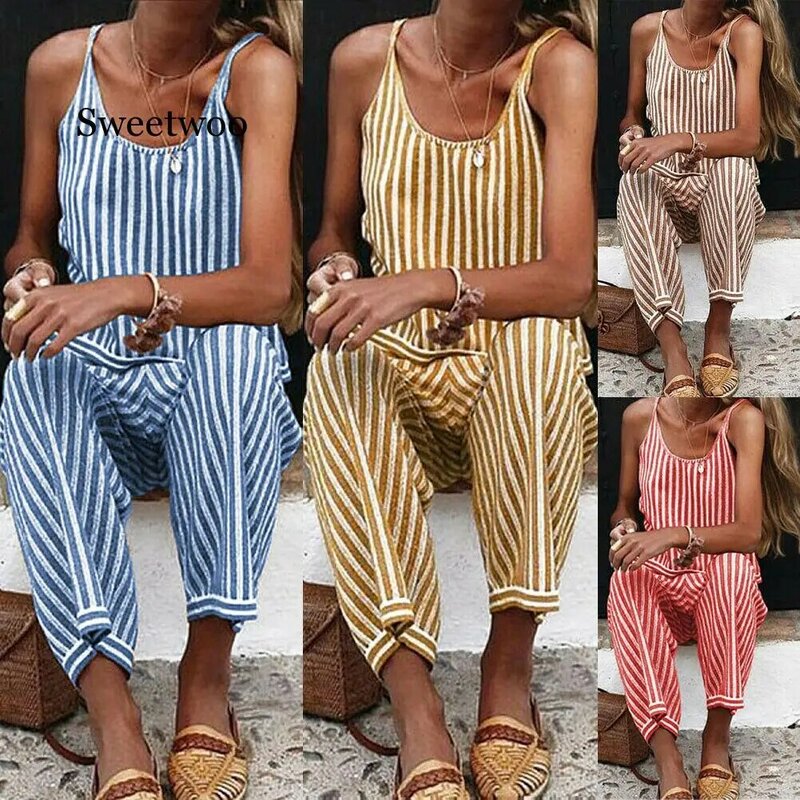 2020 New  Womens Jumpsuit Strap Striped Ladies Summer Clubwear Holiday Beach Wide Leg Holiday Playsui