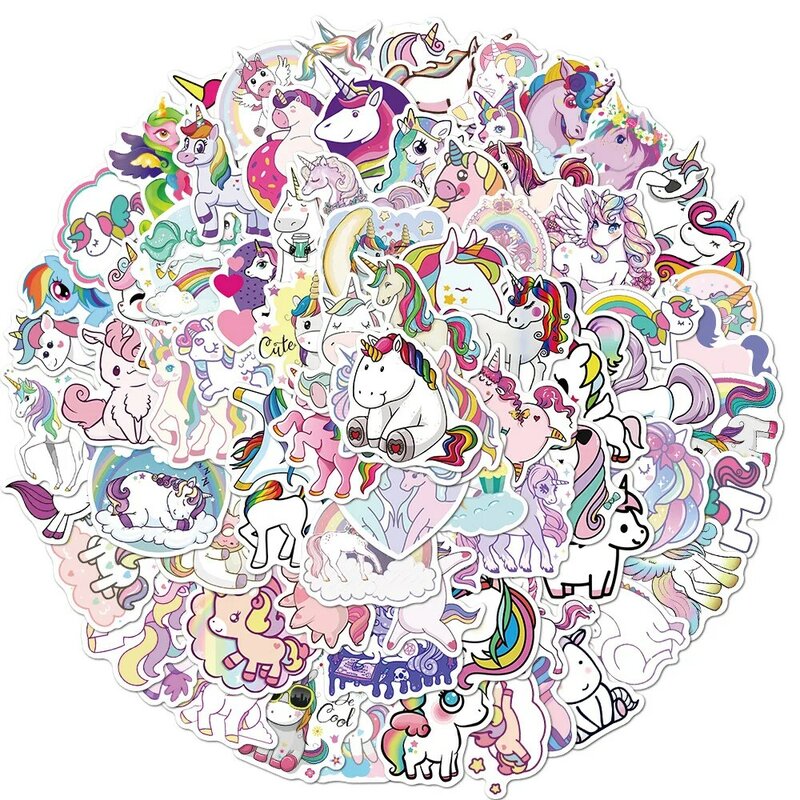 Pegatinas de dibujos animados de unicornio para ordenador portátil, pegatinas impermeables de grafiti para equipaje, bicicleta, cuaderno, 50/100 piezas