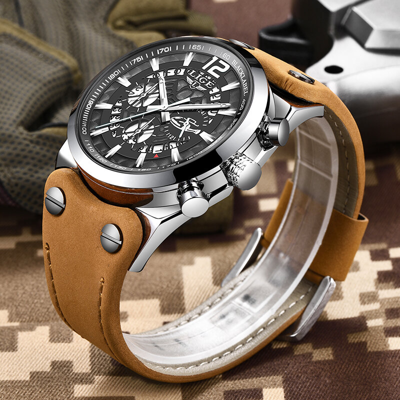2023 LIGE 남성용 아날로그 가죽 스포츠 시계, 남성용 군용 시계, 날짜 쿼츠 시계, 럭셔리 브랜드