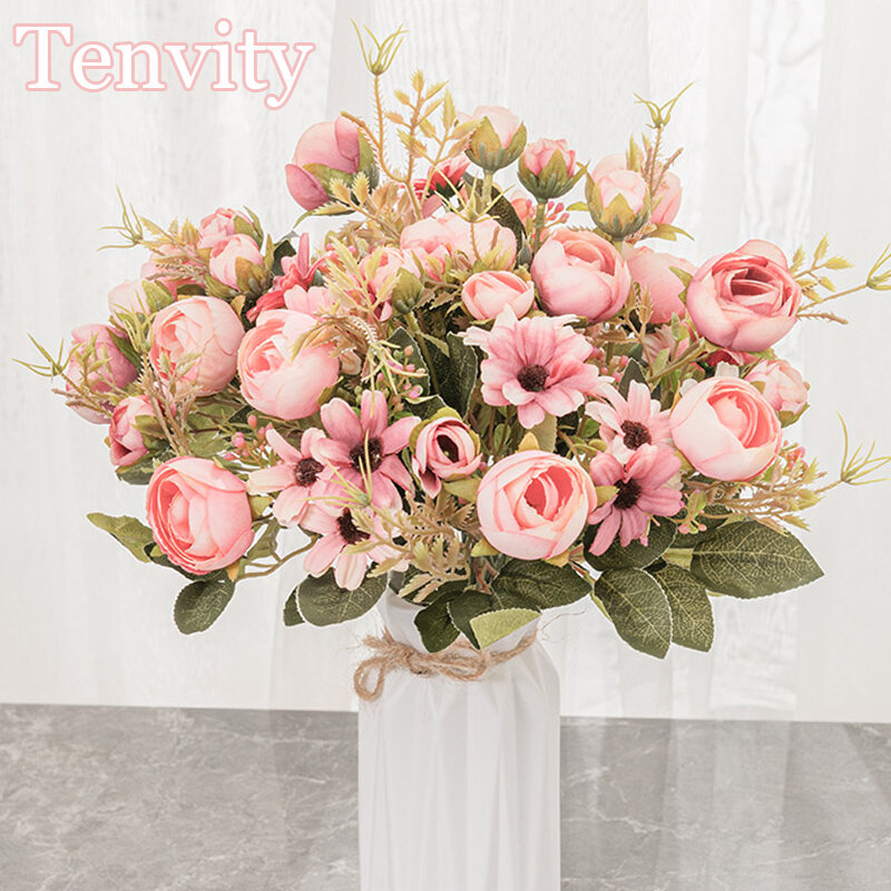 Silk Rose Pink Artificial Flowers Bouquet High Quality Plastic Accessories Home Living Room Wedding Table Decoration Fake Flower