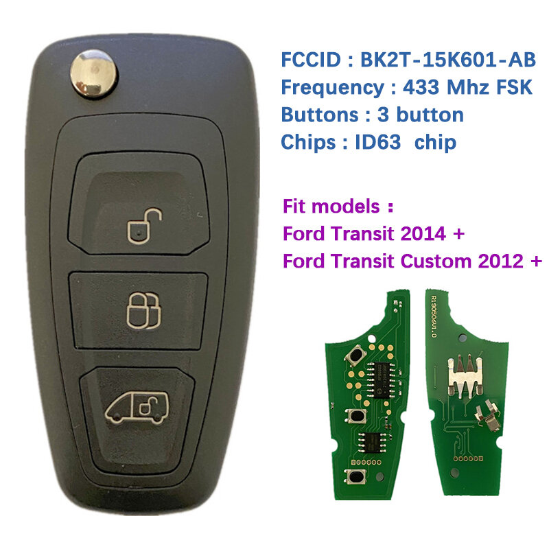 Aftermarket Key Fob remoto, Botão 3, 434MHz, Ford Transit, Custom 2014-2016, FCCID, BK2T-15K601-AA, AB, AC, CN018057