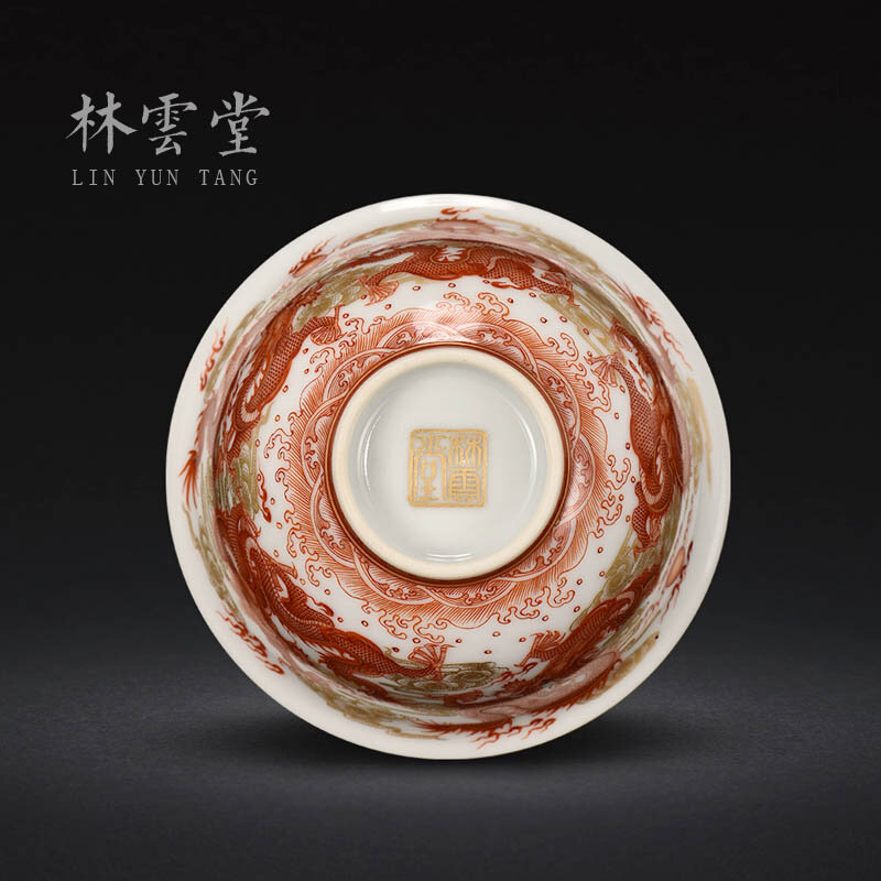 Cerámica Jingdezhen alumbre pintado en rojo oro dragón cubierta tazón hecho a mano grande tazón de té de alta calidad privado personalización