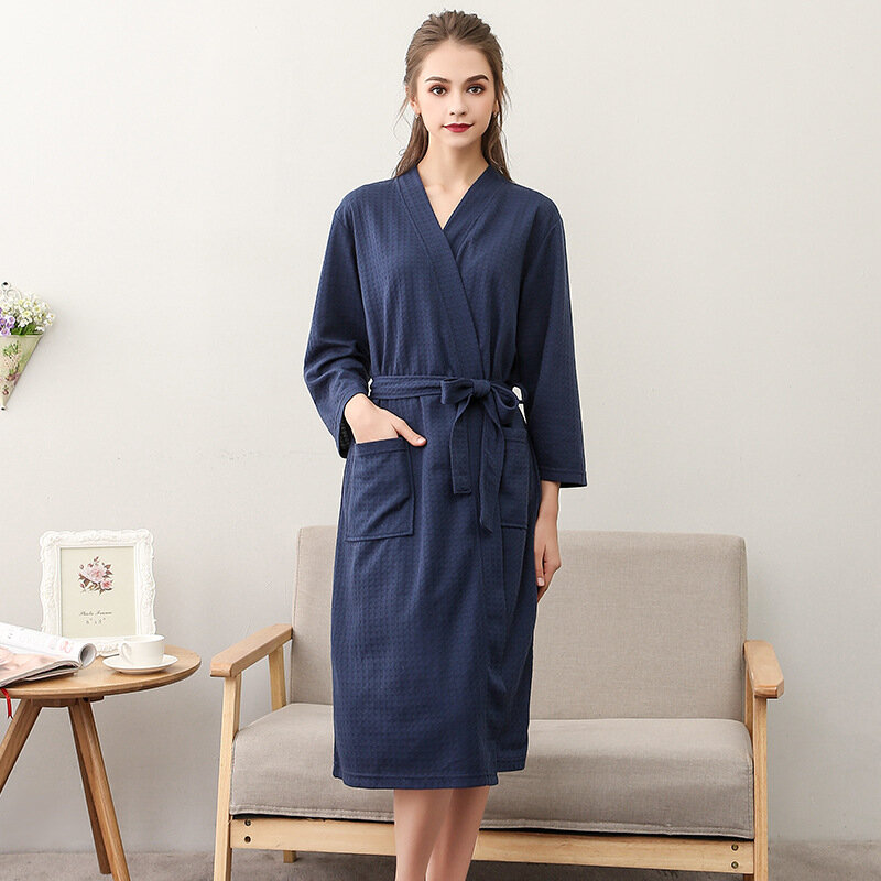 Spring and Summer Couple Nightgown One Piece Solid Color Waffle Cardigan Three-Quarter Sleeve Robe