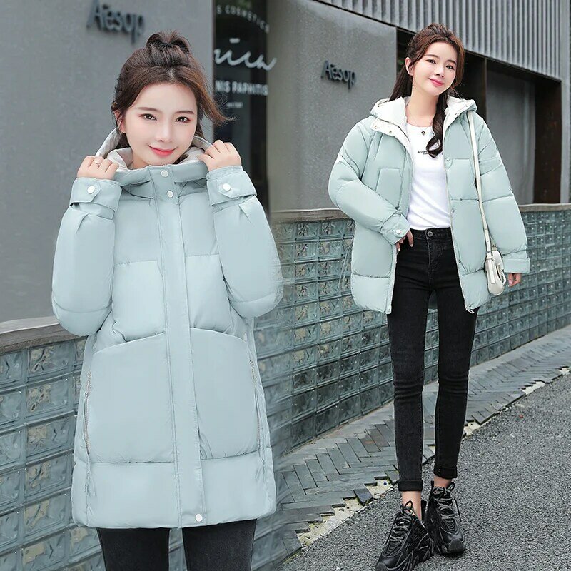 Chaqueta acolchada de longitud media para mujer, abrigo con capucha de Color sólido, holgado, coreano, invierno, novedad de 2021