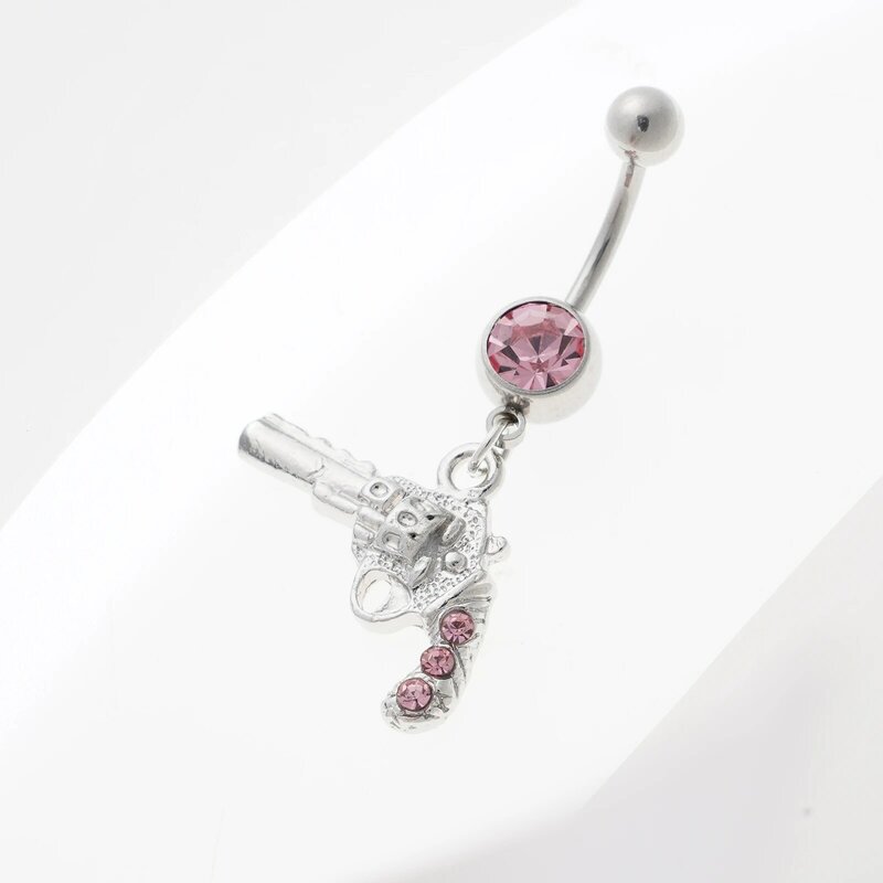 Belly Button Ring Pistol Pendant with Diamonds Hypoallergenic Medical Stainless Steel Curved Rod Piercing Jewelry