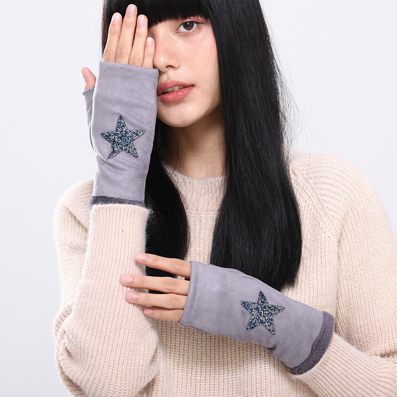 Женские замшевые однослойные ветрозащитные перчатки на полпальца, с мультяшным принтом
