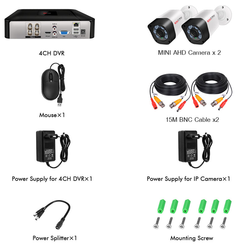Kit de système de vidéosurveillance pour la sécurité à domicile, caméra de rue AHD, vision nocturne de 30m, câble de 18 mètres, 4Ch DVR 1080N, 1080P 2MP