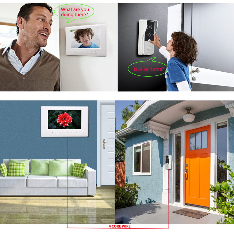 7 Inch Video Doorbell System Video Door Phone Intercom Kits IR Night vision for Villa House Office Apartment
