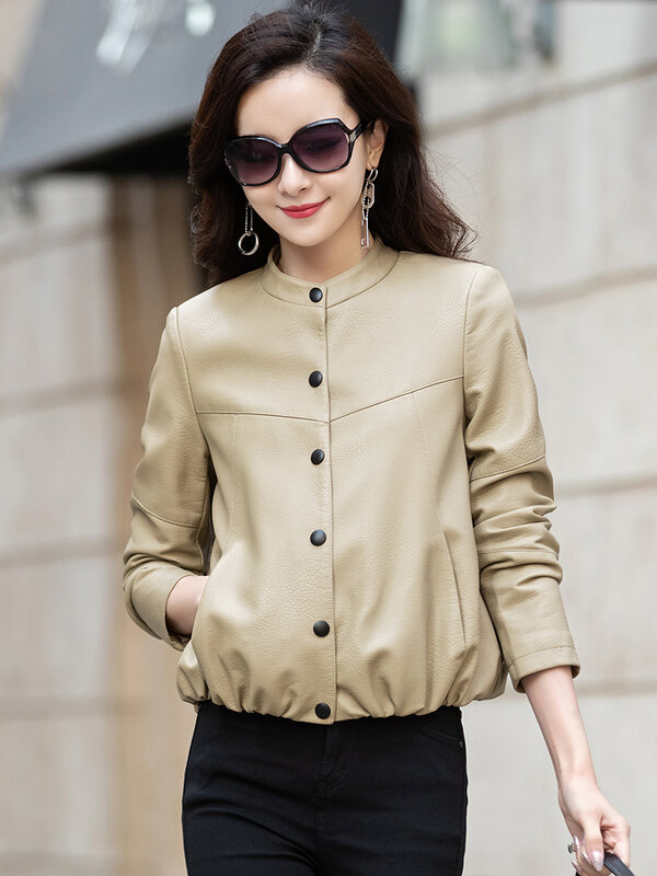 Новый Женщины короткий Кожаный пиджак Весна осень 2024 Повседневная Мода О-образный вырез Твердый Свободный Дубленка Кожаная верхняя одежда Байкерские топы
