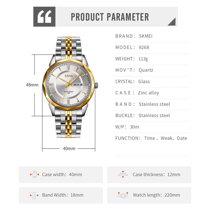 남자를위한 패션 스테인레스 스틸 쿼츠 시계 럭셔리 브랜드 SKMEI 드레스 손목 시계 주 달력 남자 시계 간단한 디자인 시간