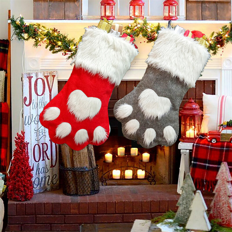 1pc Christmas Stockings Home Decoration Accessories Plaid Christmas Gift Bags Pet Dog Cat Paw Stocking Socks Xmas Tree Ornaments