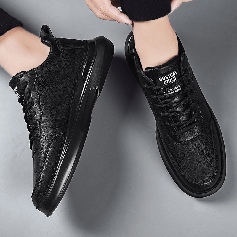 Zapatos deportivos de suela gruesa para hombre, calzado informal de cuero, a la moda, color negro, 2021