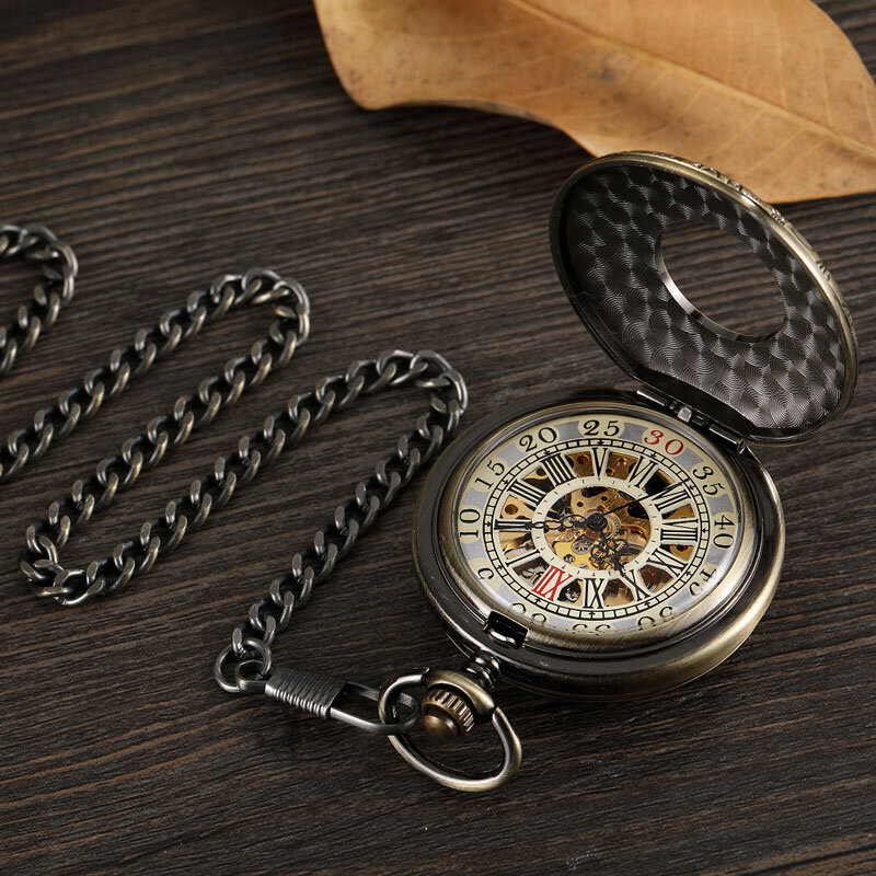 Relógio de bolso mecânico de dois lados masculino, relógio de bolso vintage de esqueleto steampunk para homens