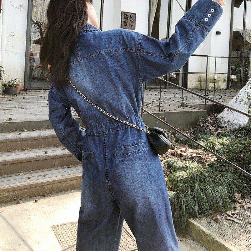 Boyfriend Style Cargo Overalls One Piece Sleeve Women Denim Loose Jeans Bib Overall Casual Lace Up Long Jumpsuit
