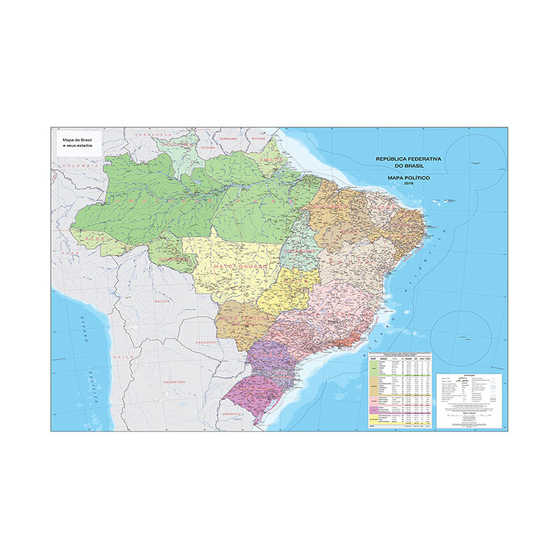 A2 Size Portuguese Brazil World Map Painting Canvas Political Brazil Map Posters and Prints for Home School Education Decor